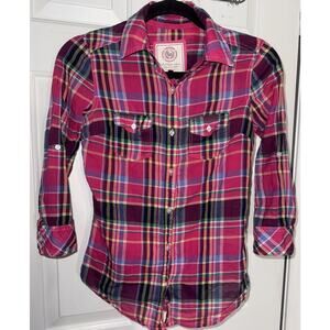 SO Womens Juniors Button Front Pink Plaid Shirt - XS